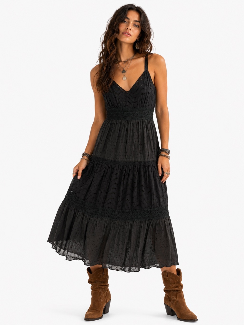 Boho Feminine Cotton Eyelet Tiered Midi Dress Minimalist Romantic Comfort Earthy